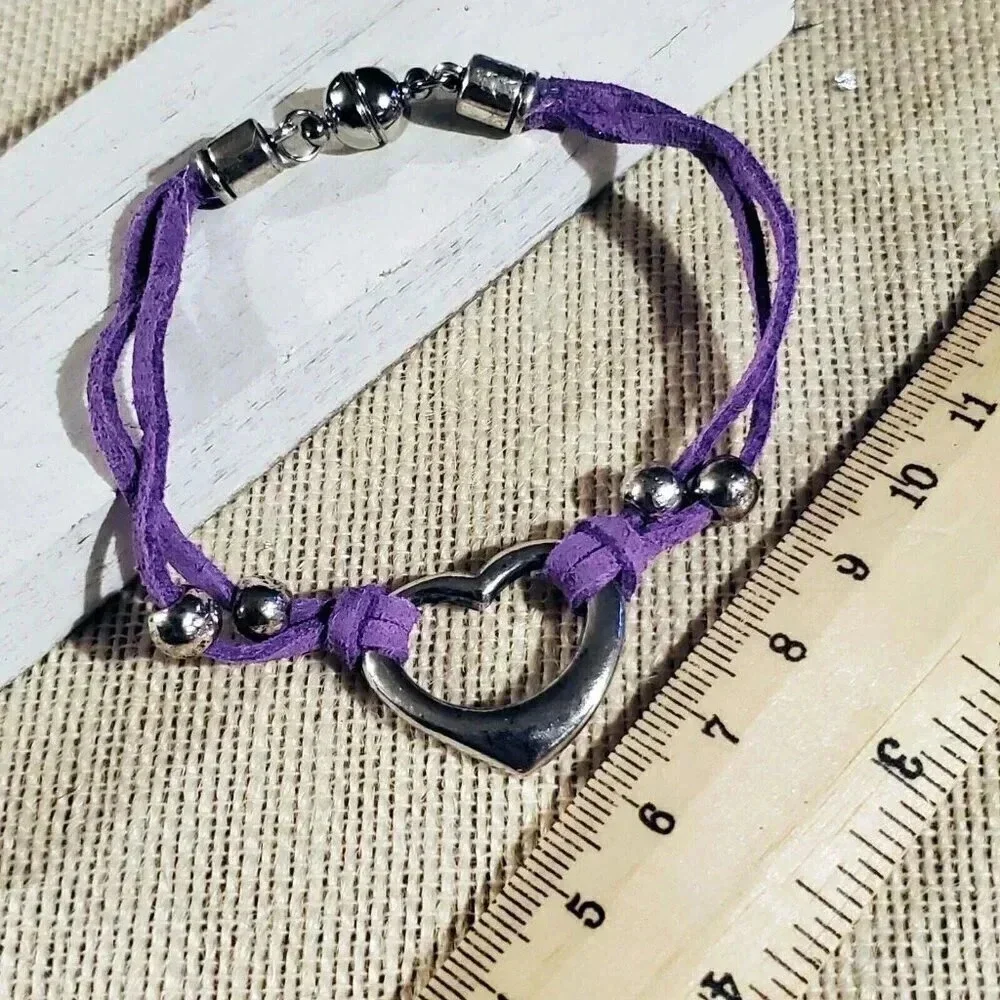 Handcrafted Antique Silver Purple Vegan Suede Open Heart Magnetic Clasp Bracelet